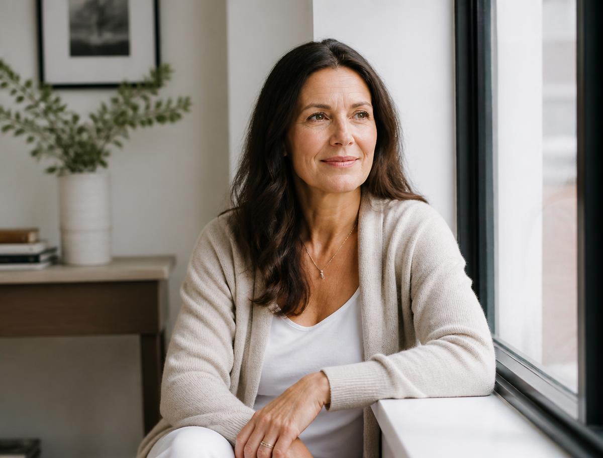 Woman sitting by a window in a calm, bright home